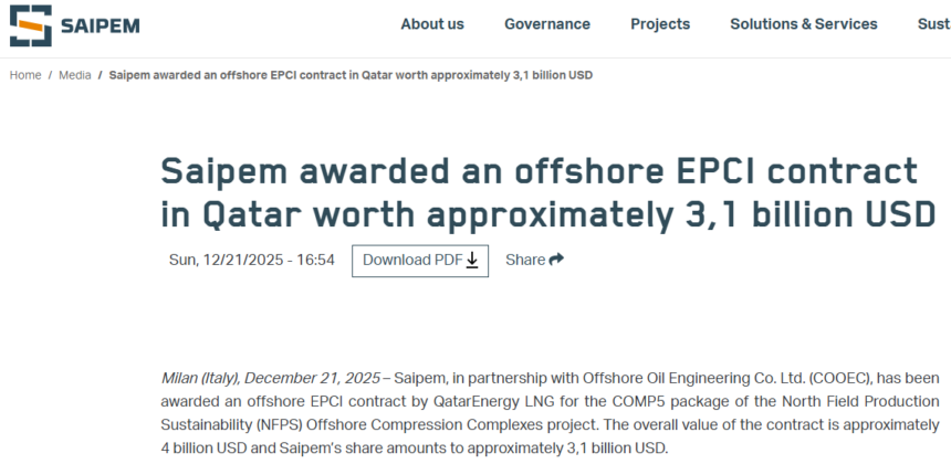 Saipem & COOEC Secure $4B Offshore EPCI Contract for QatarEnergy’s NFPS ...